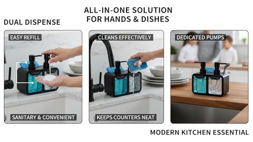 Image of 4-in-1 Kitchen Sink Soap Dispenser Set - Dual Pump for Hand & Dish Soap, Sponge & Brush Holder, Refillable Sink Organizer (Black)