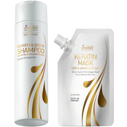 Vitamins Keratin Shampoo and Hair Mask Travel Kit - Renewing Cleanser for Extra Clean Luminous Blowout Look and Intensive Deep Conditioner for Dry Damaged Hair - Pro Salon Hair Treatment