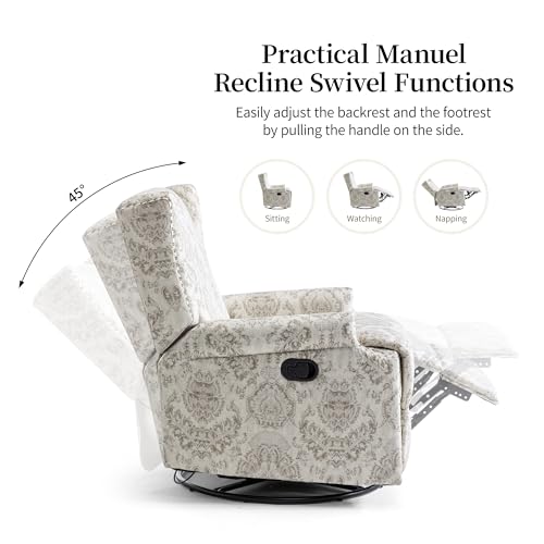 Image of Swivel Rocker Recliner Chairs Set of 2, 360 Swivel Wingback Recliner Chairs for Adults, Upholstered Printed Fabric Glider Rocking Chair with High Back, Deep Seat for Living Romm Bedroom, Beige