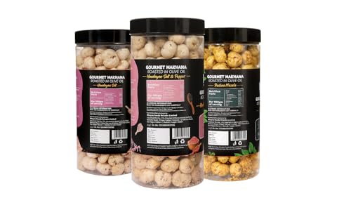 Image of H O M House Of Makhana 195g Pudina, Himalayan Salt and Pepper And Himalayan Salt Gourmet Makhana Jar Roasted in Olive Oil, Flavored Makhana Pack of 3 (65gX3)