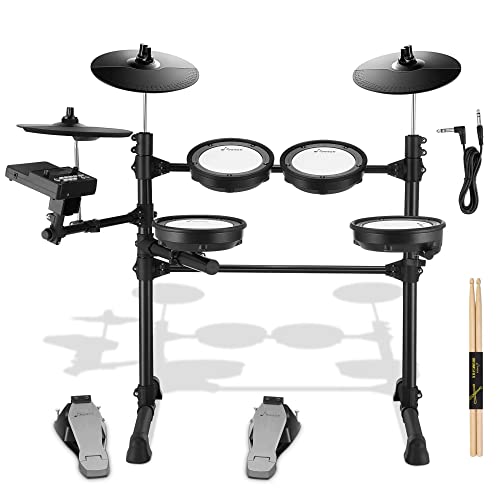 Donner DED-100 Electronic Drum Set, Eight Pieces Mesh Electric Drum Set with 195 Sounds, Electric Mesh Drum Kit for Beginner, Drum Sticks & Audio Cables Included, More Stable Iron Metal Support black