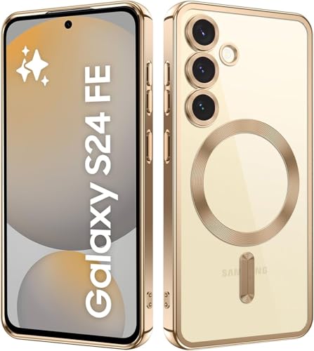 Image of VONZEE Clear Logo Electroplating Transparent Case For Samsung Galaxy S24 FE 5G, Magnetic Plating [Support For MagSafe Charger] Tpu Case Cover, Individual Camera Protection For Each Lens- Gold