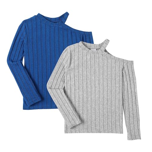 Image of ROMPERINBOX Long Sleeve Shirts for Girls 2 Pack - Fall Winter Ribbed Knit Tops with Asymmetrical Neck Size 8-12 Years