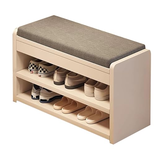 Banc à chaussures rembourré en lin blanc avec structure en bois stable de 60 cm