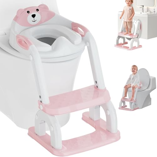 Riduttore wc Bambini, Scaletta WC 2 in 1 con Scaletta Pieghevole e Regolabile, Cuscino PVC Morbido, Antiscivolo, Riduttore WC per Bambini, Adatto per Tazze V/U/O(Rosa)