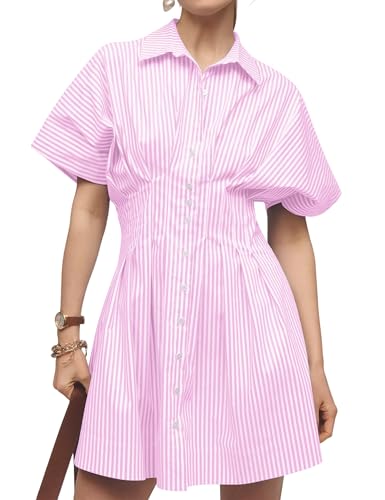 Image of Women Summer Short Sleeve Button Front Pleated Shirt Dress Striped Collar V Neck Casual Y2k Swing Short Mini Dress