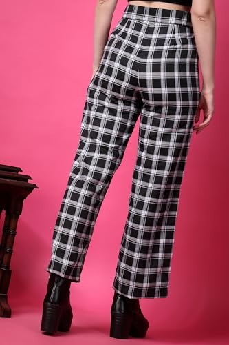 Image of POPWINGS Casual Check Print Button and Zip Closure Trouser for Women | Western Wide-Leg Trouser for Women | Summer Trousers for Women | Comfortable Semi-Formal Work Trouser for Women