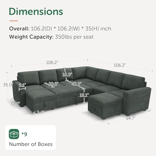 Image of HONBAY Modular Sectional Sleeper Sofa with Pull Out Couch, Corduroy Oversized Sectional Couches Pull Out Bed with U Shaped Sleeper Storage for Living Room - Green