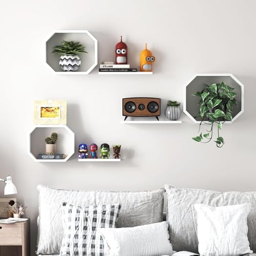 Image of Wall Mounted Floating Shelves Set of 6, Multipurpose Display, Book, Storage & Decor Shelves, Octagon Shape Wooden Wall Shelf for Living Room, Bedroom, Kitchen (White)