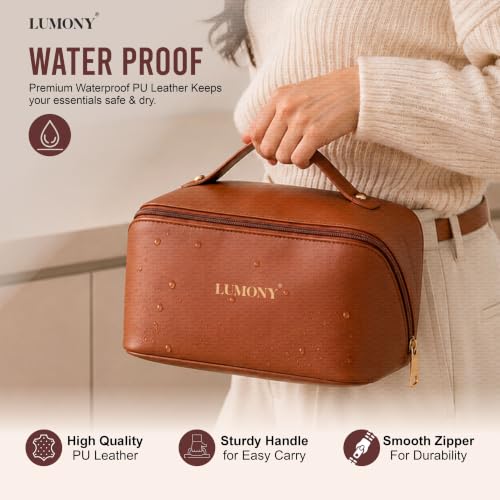 Image of LUMONY Makeup Pouch Bag Leather Large Capacity Travel Toiletries Organizer Cosmetic Bag with Handle and Divider Multifunctional Makeup Bag for Easy Access Waterproof (Brown)