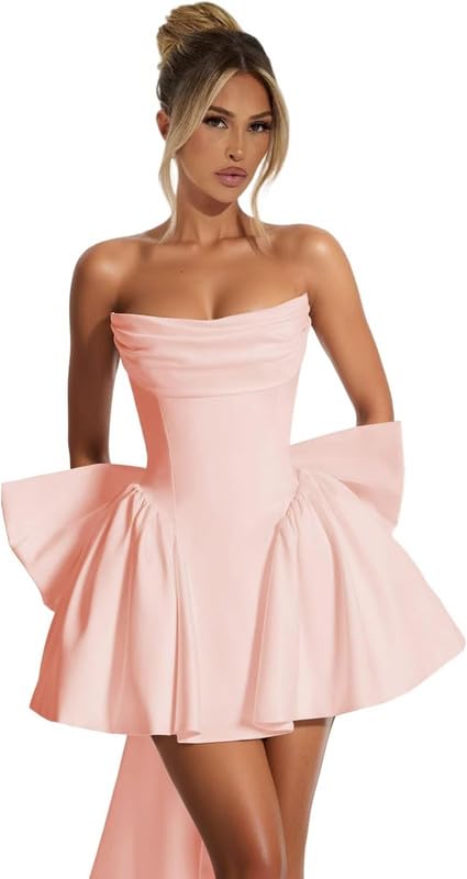 Satin Homecoming Dresses 2025 A-Line Strapless Corset Cocktail HOCO Dress with Bow Cocktail Party Gown LAS47