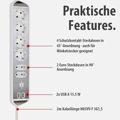 Brennenstuhl Estilo Ecksteckdosenleiste 6-Fach (Tischsteckdose mit Edelstahloberfl&auml;che f&uuml;r K&uuml;che/B&uuml;ro, Ecksteckdose mit 4X Schutzkontakt-Steckdosen, 2X Euro-Steckdosen, 2X USB) Silber/wei&szlig;