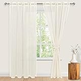JIUZHEN Linen Sheer Curtains 84 inch Length 2 Panels Set with Tiebacks, Rod Pocket Privacy Light Filtering Textured Semi Sheer Drapes for Living Room/Bedroom，W 52 x L 84, Natural