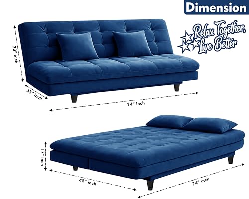 Image of Rosebell Modern Three-Seater Sofa Cum Bed Foldable Velevt Fabric Sofa, Seating, Stylish Design for Living Room, Guest Room & Office-Blue-Color