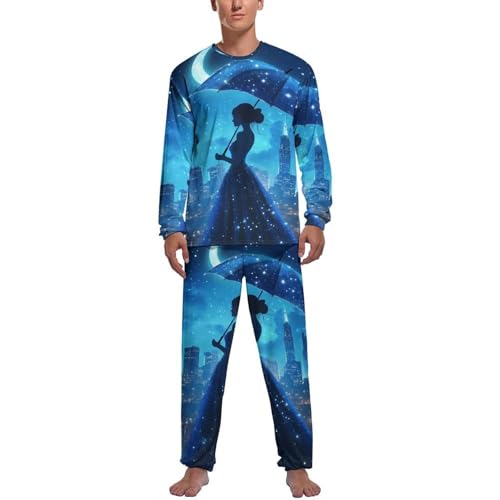 Beauty City Moon Umbrella - Conjunto de pijama de 2 piezas para hombre, cuello redondo, manga larga, ropa de dormir cómoda para todas las estaciones, Estilo:, M