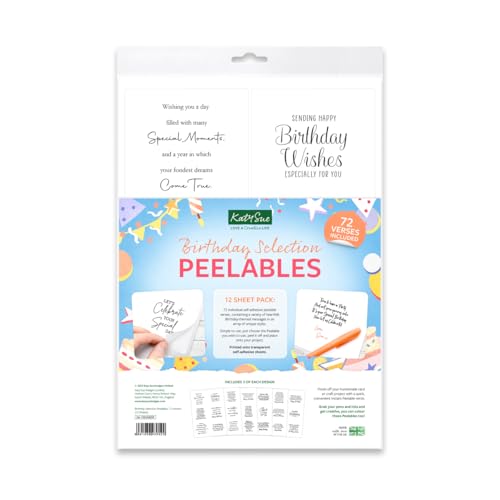 Katy Sue Kanban Crafts Birthday Selection Peelables – 72 pegatinas transparentes, autoadhesivas, de sentimientos y versículos de cumpleaños para hacer tarjetas en 12 hojas A4, cada calcomanía mide 99