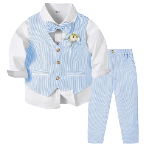 Volunboy Conjunto de Ceremonia para Niños Bebé, Traje de Boda 5 Piezas con Chaleco + Camisa + Pantalón + Fiorecillo + Pajarita(Tamaño 90,18 24 Meses,Azul Cielo)