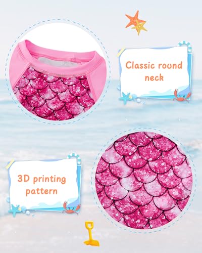 Image of UNIFACO Girls' Long Sleeve Rashguard Two Piece Pink Mermaid Swim Set Ruffles Bottom Designed with UPF 50+ Sun Protection