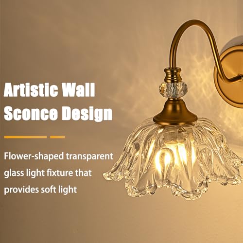 Image of 1 Piece Vintage Wall Sconce with Floral Clear Glass Shade, Matte Brass Finish Wall Mount Lighting for Bathroom,Vintage Bathroom Vanity Light Fixtures