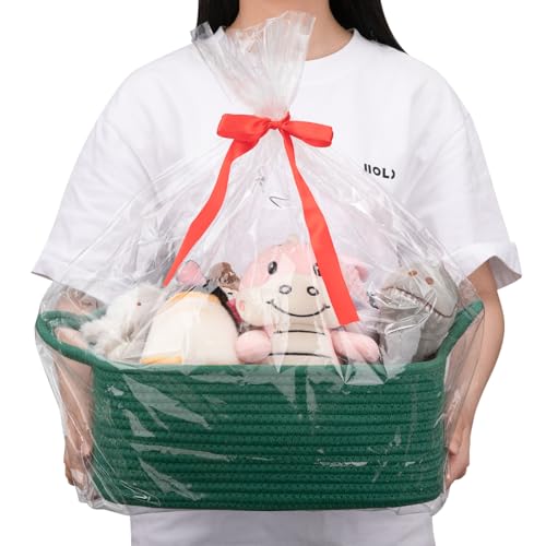 Image of OIAHOMY Woven Basket, Gift Basket Empty with Gift Bags and Ribbons, Rope Baskets for Baby Showers, Storage Baskets with Handles for Nursery, Pet Toy Organizer - Green