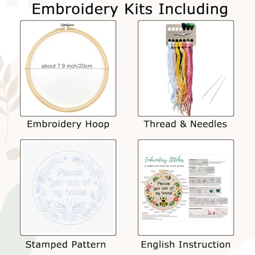 Image of Nuberlic Please Get Out of My House Embroidery Kit, Stitch Craft Set | Pre-Printed Fabric, Hoop, Threads, Needles,Guide Included. A Funny DIY Needlework Kit for Beginners, Gifts and Home Decor.