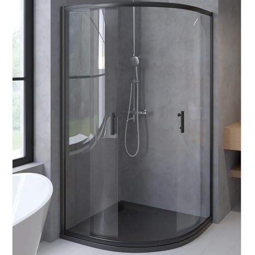 Badland Kit complet – Cabine de douche Hela + receveur de douche Vidar 90 x 90 cm, 193 cm, quart de cercle transparent, Nano verre 6 mm, receveur de douche noir, aspect pierre SMC, avec bonde Ø 90 mm