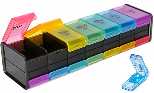 Extra Large Pill Organizer with Pill Cutter-Pill Holders 7 Day Double-Sided Pill Box -XXL Pill Organizer Weekly am pm Pill Organizer 2 Times a Day Medication Organizer Large Pill Dispensers Jumbo