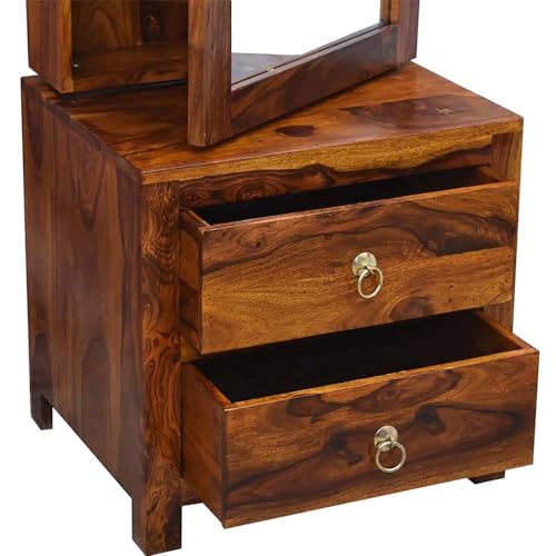 Image of Solid Sheesham Wooden Dressing Table | with 2 Drawers Storage Organizer | Makeup Vanity with Mirror | Storage Shelves, Bangle Holder for Bedroom & Living Room Assembled [Honey Finish]