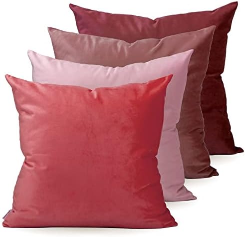 Tayis Set of 4 Decorative Pink Throw Pillow Covers Velvet Soft Gradient Square Cushion Case for Sofa Couch Living Room Bedroom 18×18 Inch