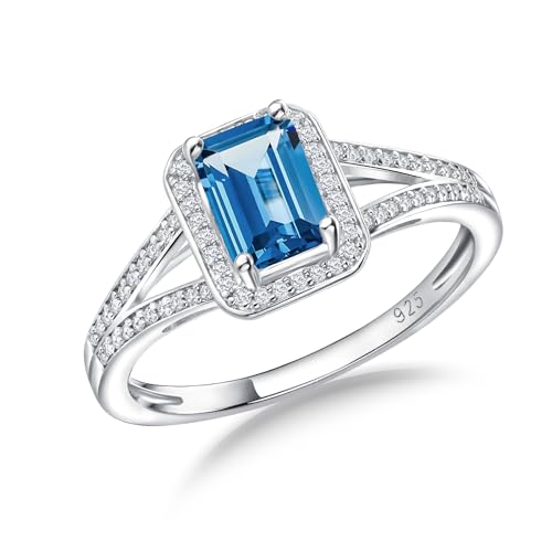 RANDES December Birthstone Ring 925 Sterling Silver Blue Topaz Ring Emerald Cut Gemstone Engagement Rings for Women Size 9