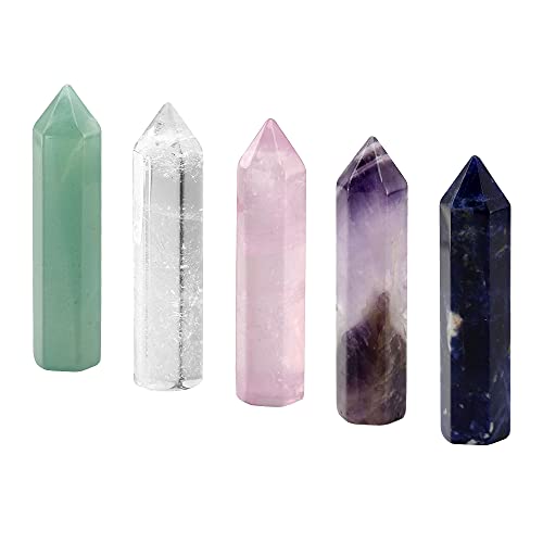 GEHECRST 5 Stück Naturstein Bergkristall Heilkristall-Stäbe Hexagon Säule Super Qualität Edelstein Deko Reiki Meditation Therapie Steine Cover