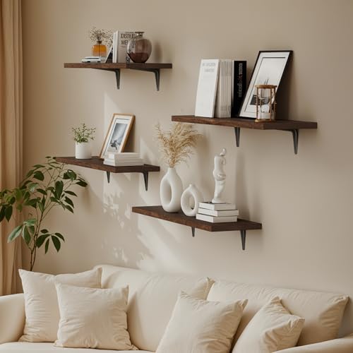 Image of SKYSEN Floating Shelves for Wall Set of 6, 23.6in Wood Wall Shelf for Decor, Bathroom, Bedroom, Storage, Book,Kitchen, Living Room - Dark Brown(fs-60-d)