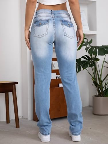 Flamingals Women's Stretchy Straight Leg Jeans Mid Waist Bootcut Jeans Double Button Solid Skinny Jeans - Image 7