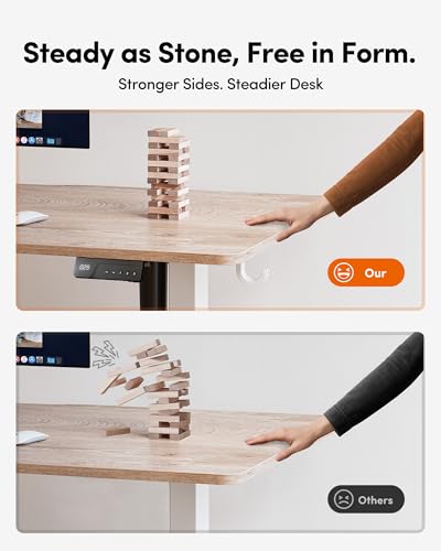 Image of FEZIBO 55 x 24 Inchs Electric Standing Desk, Height Adjustable, Sit Stand Up, Computer Office Desk with Splice Board, White Frame /Maple Top