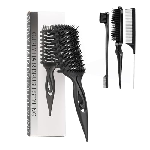 Image of Curly Hair Defining Brush: Shaping & Defining Curls with 3 pcs Slick Back Brushes for Wet & Dry Hair Frizz Reduction - Ergonomic Handle for Women and Men 2026 New (Black)