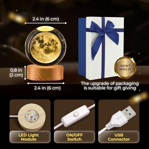 Flexzion 3D Moon Crystal Ball Night Light - LED Light Hologram Glass Lamp with Solid Wood Base, USB Powered Crystal Ball Lamp with Adjustable Brightness for Home Decor Display Gift, 2.4inch(60mm) - Image 6