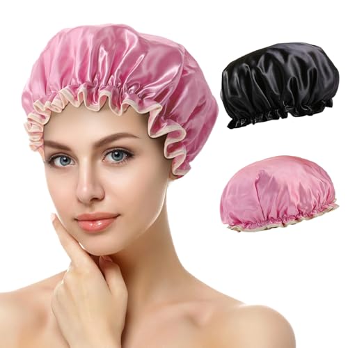 Cuffia Doccia Donna, Cuffia da Doccia Riutilizzabile Impermeabile, Elastica Grande Shower Caps, Cuffia Capelli Doccia, Doppio Strato con Elastici, per Doccia Donna Salon Spa Bagno Uso Domestico