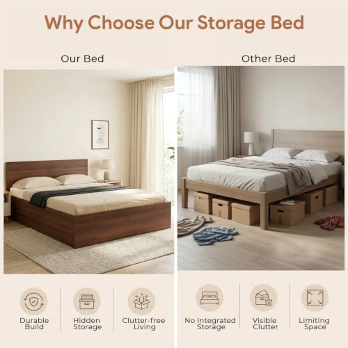 Image of FURNIFLIX Queen Size Engineered Wood Bed with Box Storage - Walnut Finish