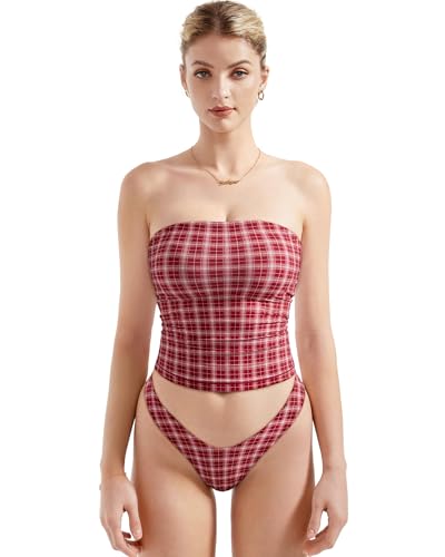 SUUKSESS Women Double Lined Tube Top Summer Y2K Going Out Tops Casual Sleeveless Basic Tank Top (Red Plaid XS)