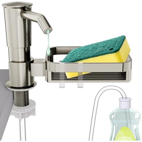 KNEELISA Soap Dispenser Pump for Kitchen Sink with Sponge Rack,ABS Plastic in Counter Soap Dispenser with 39" Extension Tube Kit,Built in Dish Soap Dispensers Under Sink,on Countertop,Brushed Nickel Cover