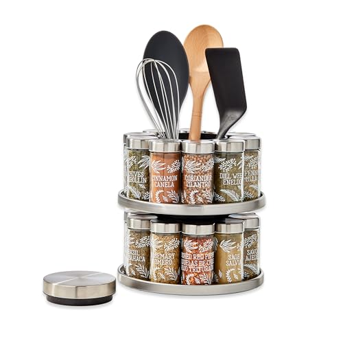 Image of Kamenstein Salem 20-Jar Rotating Spice Rack with Spices Included, Stainless Steel Countertop Organizer with Sifter Caps and Tool Caddy, Spice Set for Kitchen Organization