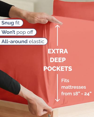 Image of Extra Deep Twin XL Sheet Set - 4 Piece Breathable & Cooling Sheets - Coral | Hotel Luxury Bed Sheets Set, Easy & Secure Fit, Ultra-Soft, Wrinkle & Fade Free, Comfy Sheets Set with Extra Deep Pockets