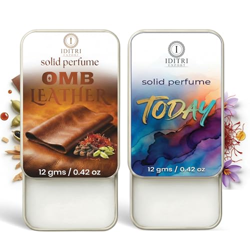 Image of IDITRI EXPORT Solid Perfume |OMB leather&Today Alcohol Free Wax Perfume Balm, Long Lasting | Pocket Tin 12g, Pack Of 2| Non Greasy Smooth Glide, Travel Friendly Men And Women
