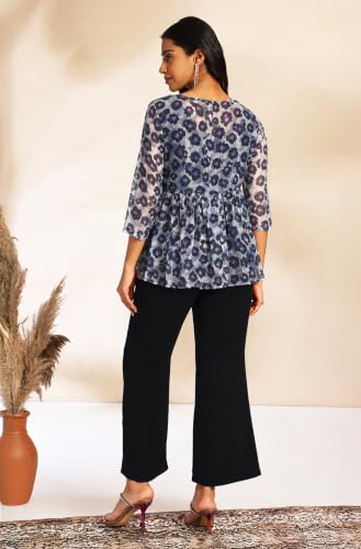 Image of Janasya Women's Solid Shoulder Strap Crop Top with Trouser & Chiffon Floral Printed Shrug