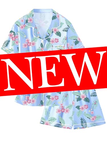 Image of Schbbbta Women Pajamas Set, 2 Pieces Satin Silk Button Down Pjs Short Sleeve Outfits Loungewear