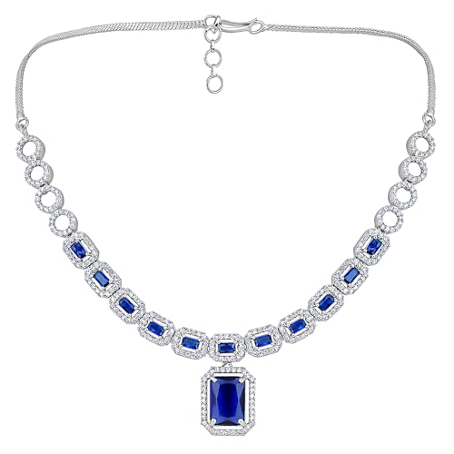 Image of ASMITTA Jewellery Rhodium-Plated Square American Diamonds Studded Pendulous Necklace with Earrings Jewellery Set for Girls Womens