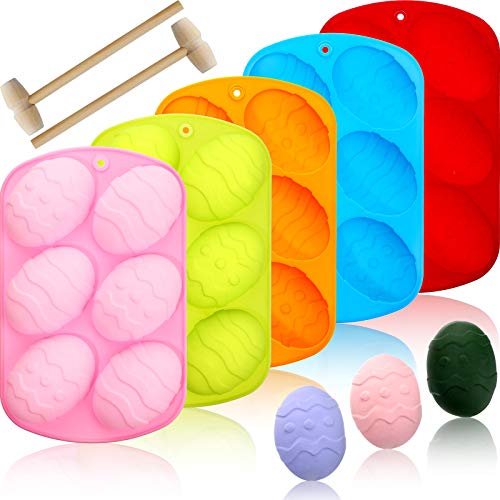 Patelai 5 Pieces Easter Egg Chocolate Candy Molds Easter Egg Shaped Silicone Cake Molds Silicone Trays with 2 Pieces Wooden Hammer for Candy Chocolate Handmade Soap and Ice Cube Hunt Games Supplies
