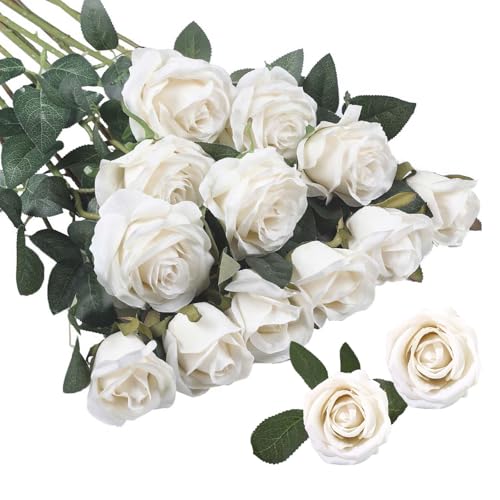 Rosas Flores Artificiales,15 Piezas Ramo de Rosas Artificiales de Seda 2.7 x 20 in Realista Largo Tallo Flores Rosas Rojas Artificiales,para Bodas,Día de San Valentín,Decoración de Hotel (Blanco)