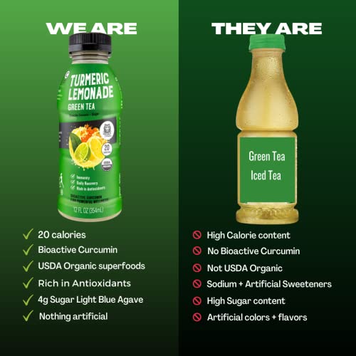 Organic Golden Tiger Turmeric Lemonade With Green Tea - Bio Active Curcumin + Green Tea + Ginger - 12 Bottles - Recover With Plant Based Power - 20 Calories #TOP5