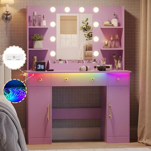 Image of Wodeer Makeup Vanity Desk with Mirror and Lights, 43 inch Purple Vanity Set with 3 Drawers, Power Outlet & Adjustable RGB LED Lights, Dressing Table with Storage Shelf for Women & Girls Bedroom